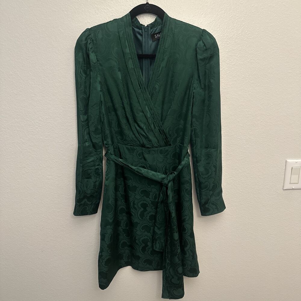 Saloni Bibi Mini Dress Green Silk Jacquard Long Sleeve Faux Wrap US 6 - Picture 3 of 14